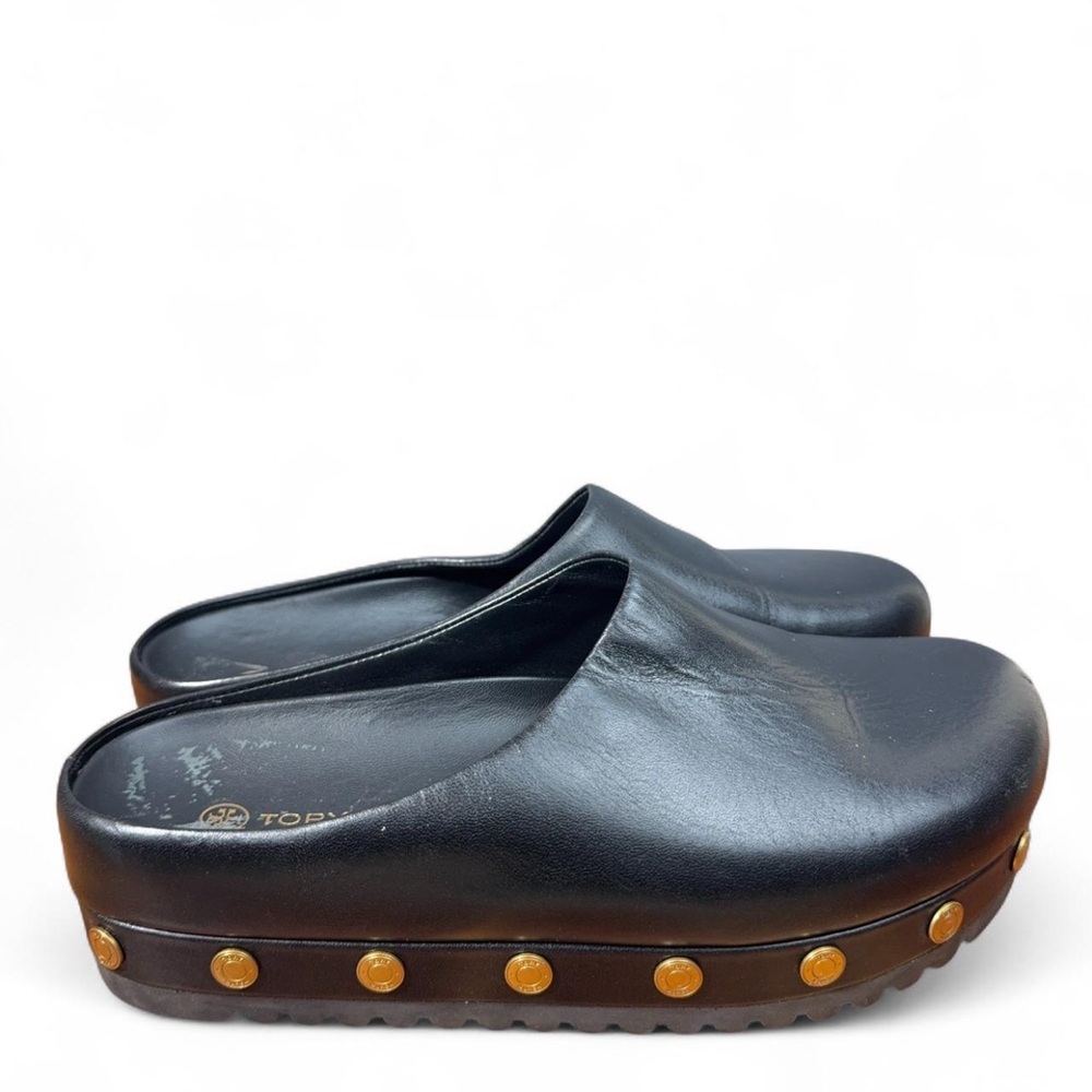 Tory Burch Black Leather Mules with Gold Studs